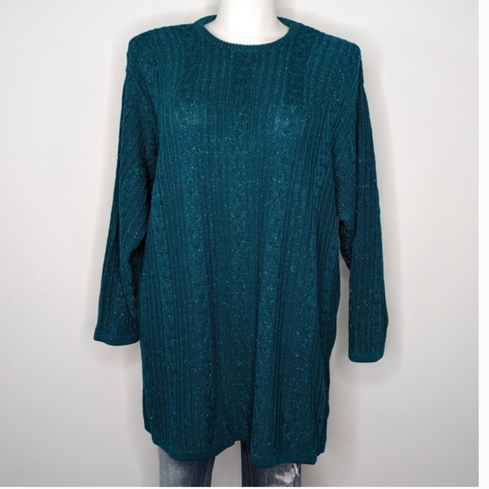 Diane Von Furstenberg DVF Teal Metallic Cable Knit Sweater Lurex Plus Size 1X 2X - Picture 3 of 8